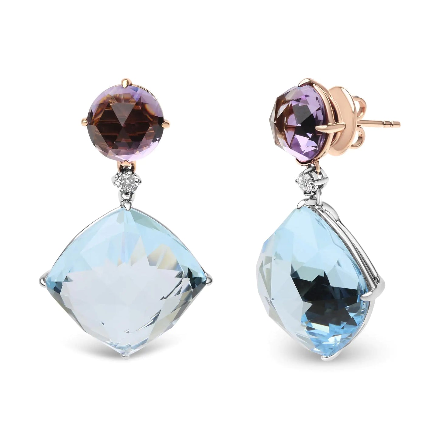 18K White and Rose Gold 1/5 Cttw Diamond with Round Pink Rose De France Amethyst and 25mm Cushion Cut Sky Blue Topaz Gemstone Dangle Earring (G-H Color, SI1-SI2 Clarity)