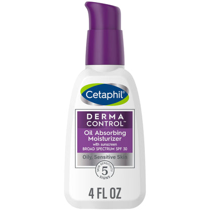 CETAPHIL DERMACONTROL Humectante con FPS 30 para piel sensible y grasa, 118 ml (4 onzas líquidas), Absorbe la grasa, Reduce el brillo, Hidrata y Protege, Sin fragancia añadida. 118 ml (Paquete de 1)