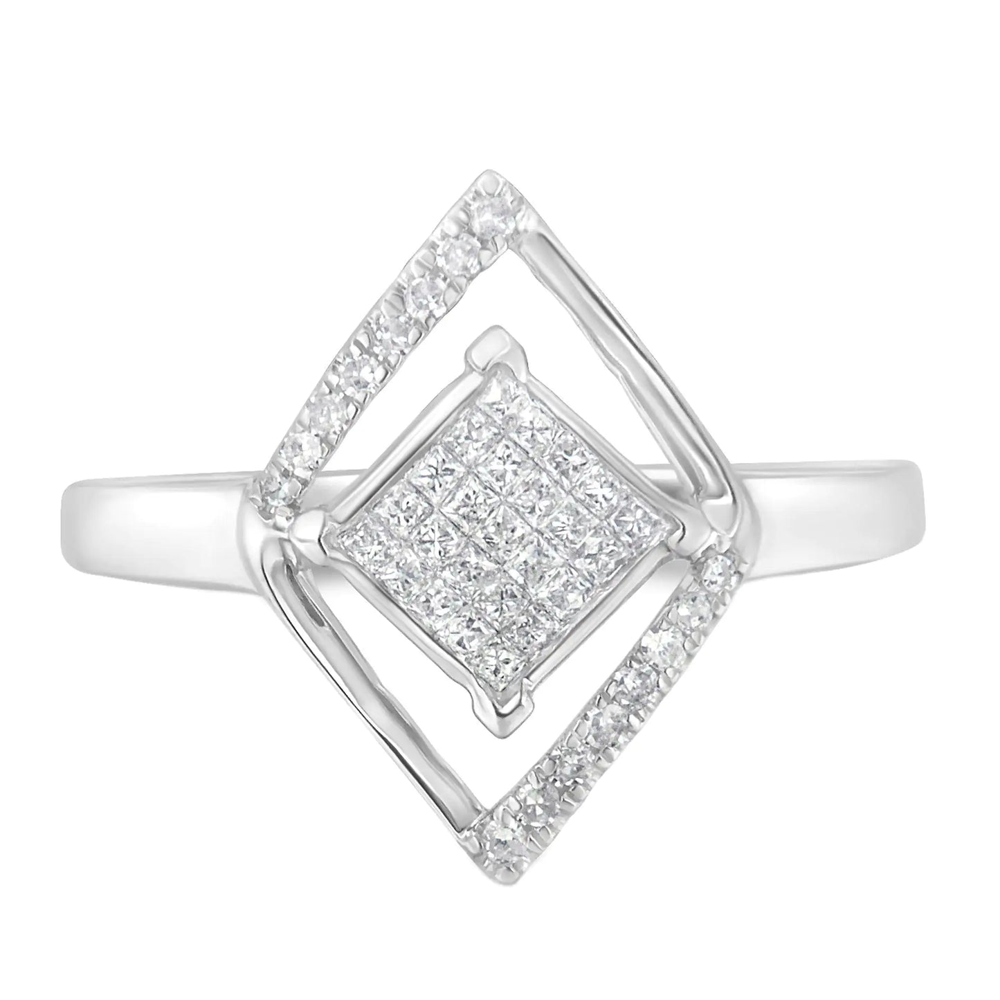 10k White Gold 1/3 Cttw Round and Princess Diamond Double Triangle Cocktail Ring (H-I Color, SI1-SI2 Clarity)