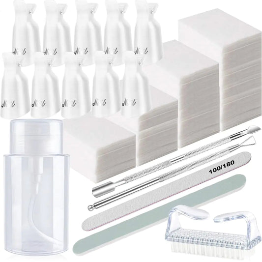 Nail Polish Gel Remover Tools Kit, Soak Off Cap Clip, UV Gel Polish Cuticle Pusher, 200ml Dispenser Bottle, 600 PCS Cotton Pads, Handle Brushes, 100/180 Nail File, Buffer Block, Finger Separators White-Set.