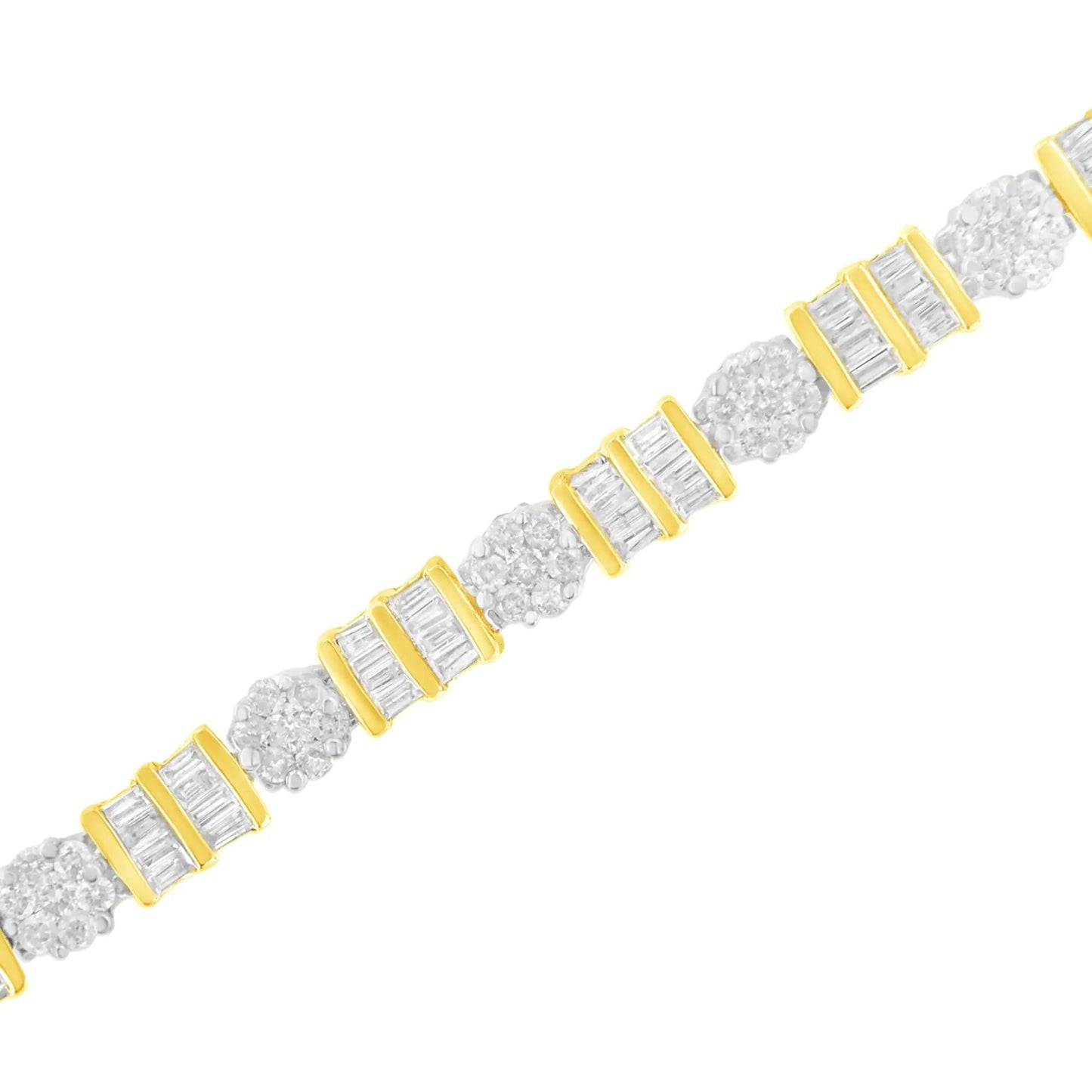 14K Gold 3-3/8 Cttw Round & Baguette-Cut Diamond Cluster Alternating Station 7" Tennis Bracelet (H-I Color, I1-I2 Clarity)