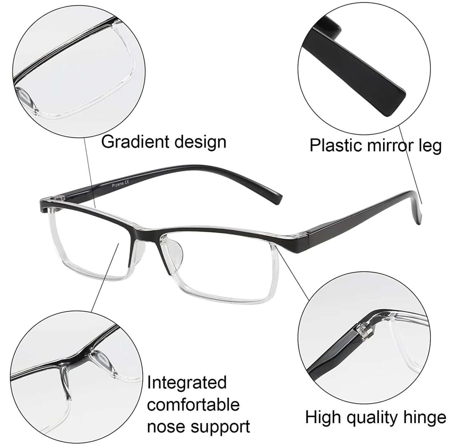 4 Pack Reading Glasses Readers Men Women Square Frame Spring Hinge Unisex Pairs