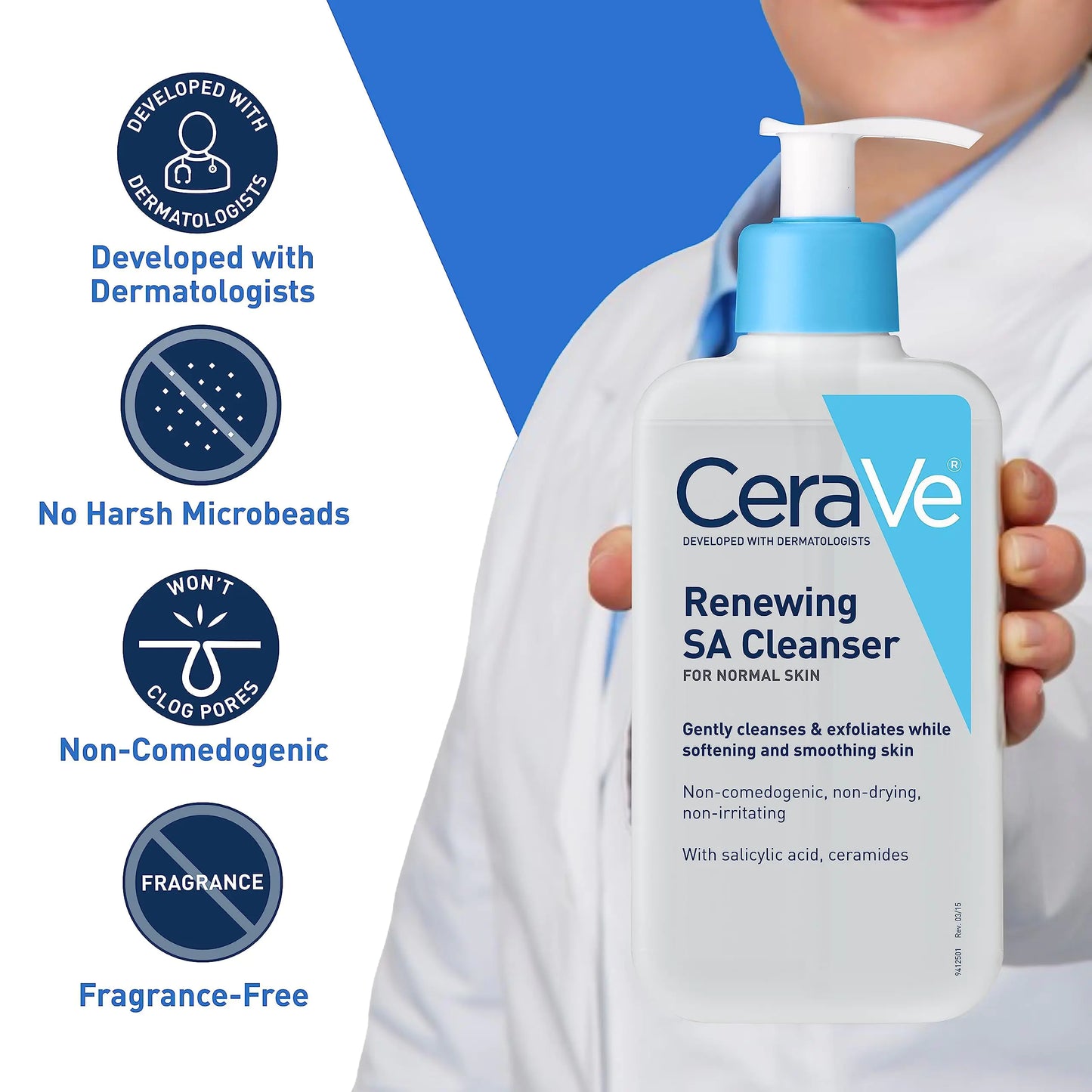 Limpiador CeraVe SA | Limpiador con ácido salicílico, ácido hialurónico, niacinamida y ceramidas | Exfoliante facial con BHA | Sin fragancia, no comedogénico | 473 ml (paquete de 1)