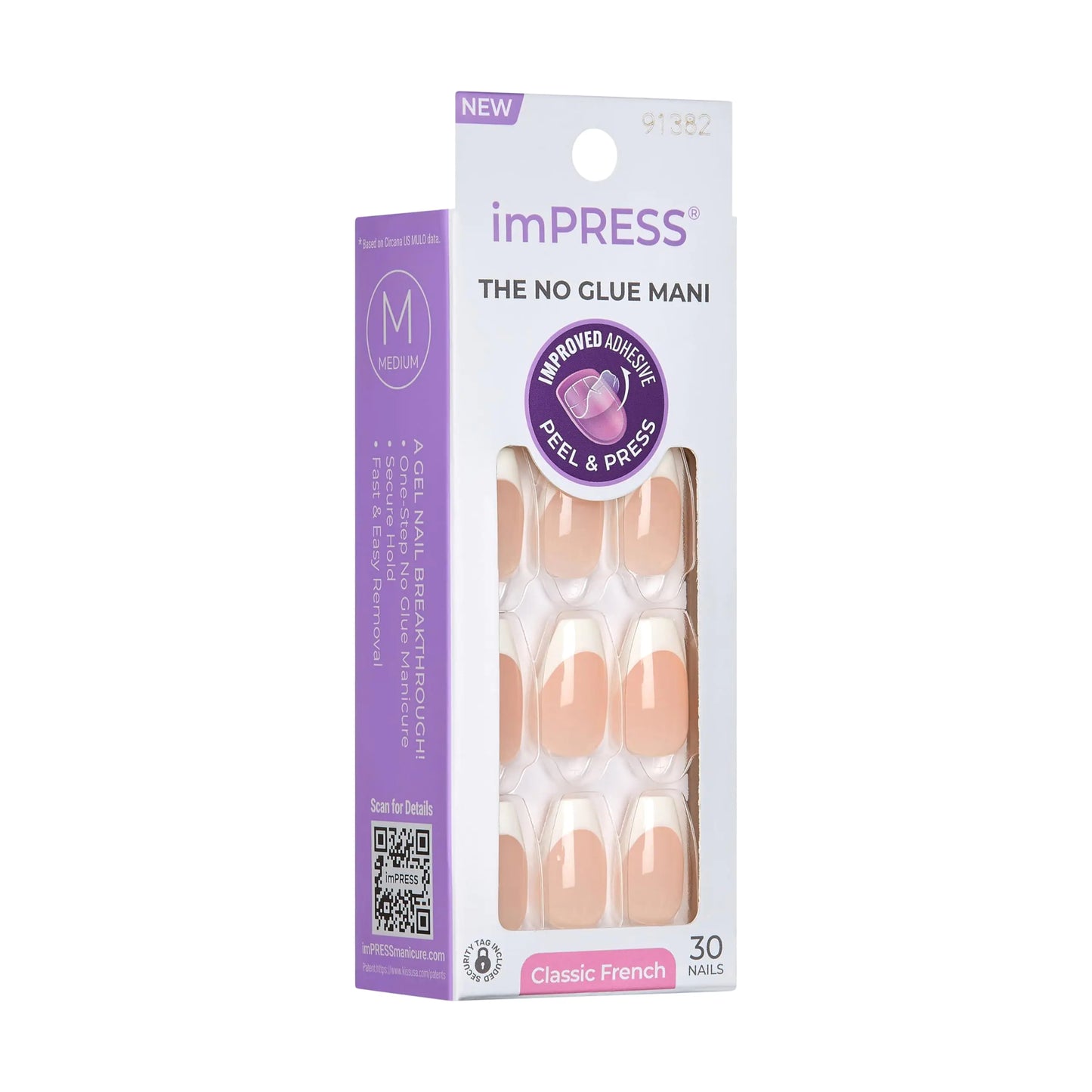 Uñas postizas KISS imPRESS sin pegamento, francesas, 'Ideal', punta neutra clara + blanca, tamaño mediano, forma de ataúd, incluye 30 uñas, almohadilla de preparación, hoja de instrucciones, 1 palito de manicura, 1 lima mini Ideal