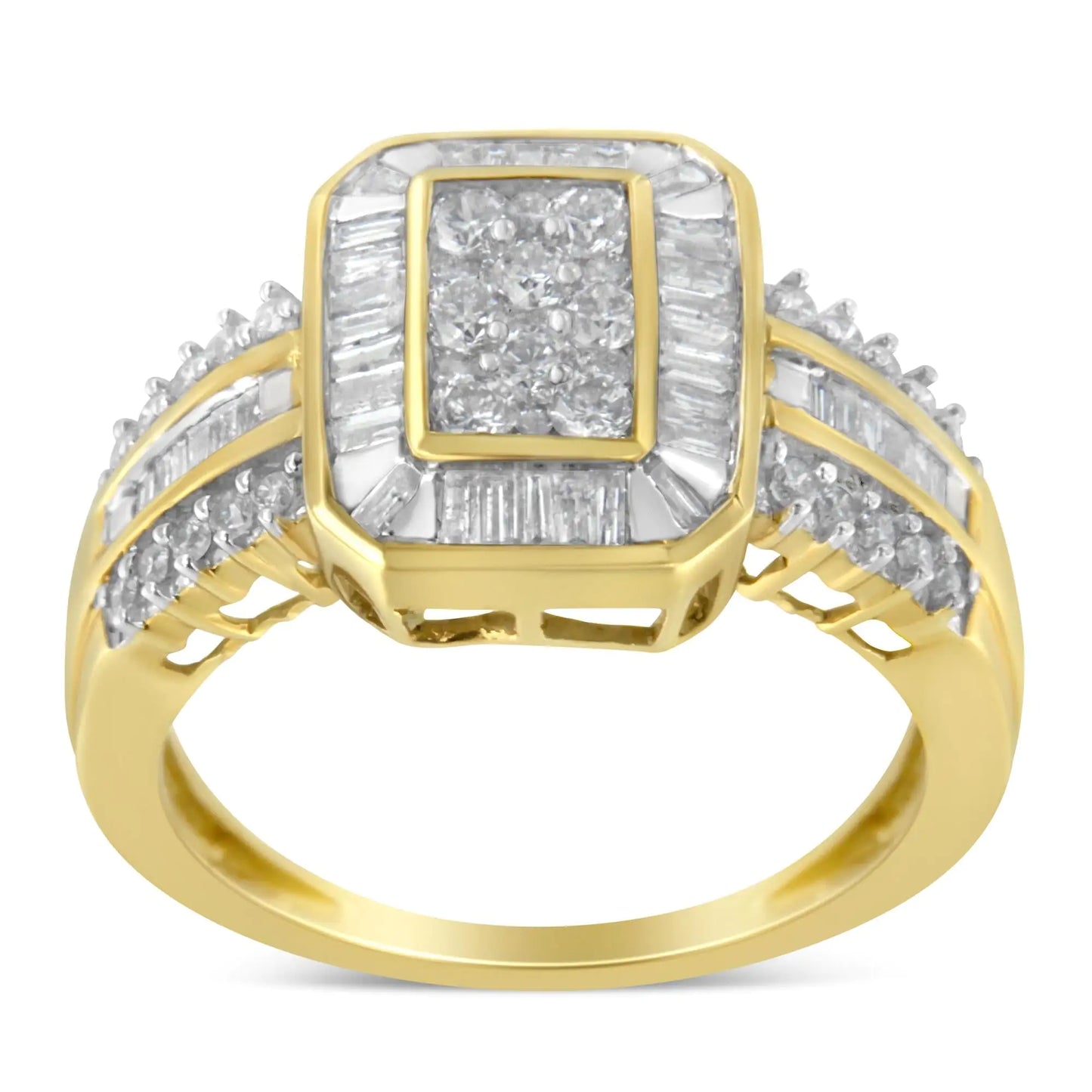 Anillo de cóctel de oro amarillo de 10 quilates con diamantes redondos y talla baguette (1,0 ct, color HI, claridad SI2-I1)