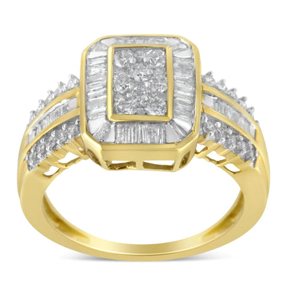 Anillo de cóctel de oro amarillo de 10 quilates con diamantes redondos y talla baguette (1,0 ct, color HI, claridad SI2-I1)