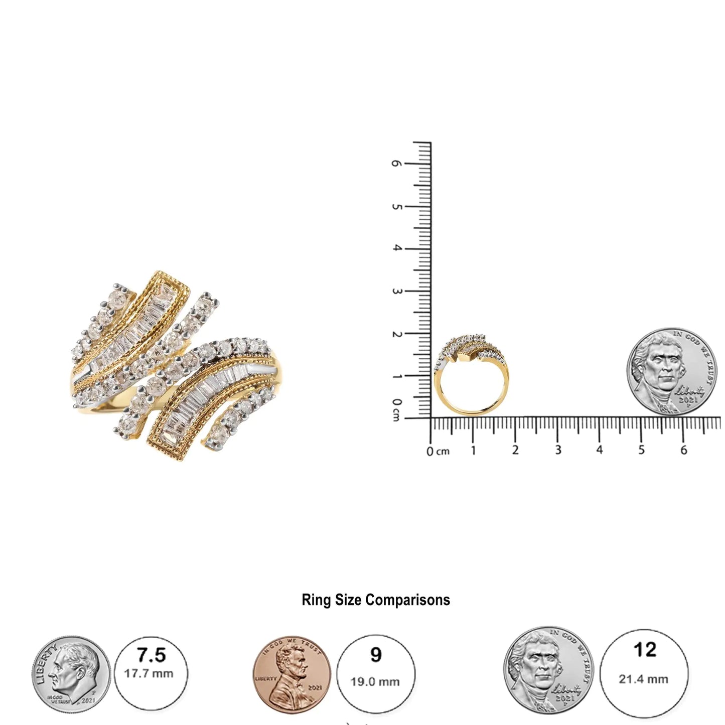 10K gult gull 1,0 Cttw rund og baguette diamant vevd bypass-ring (HI,I1-I2)