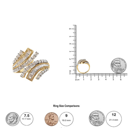 10K gult gull 1,0 Cttw rund og baguette diamant vevd bypass-ring (HI,I1-I2)