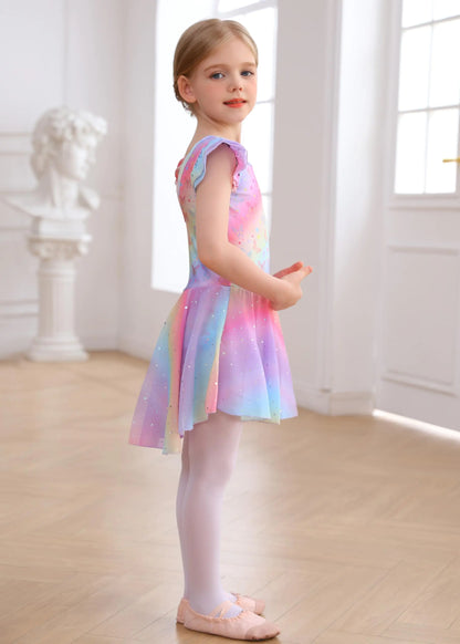 MdnMd Ballet Leotards with Skirt Toddler Girls Dance Ballerina Outfit Dresses Short Sleeve Rainbow Butterfly 4-5T