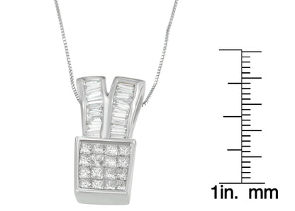 14K White Gold 1 1/3 cttw Princess and Baguette Cut Diamond Sparkling Shapes Pendant Necklace (H-I, SI1-SI2)