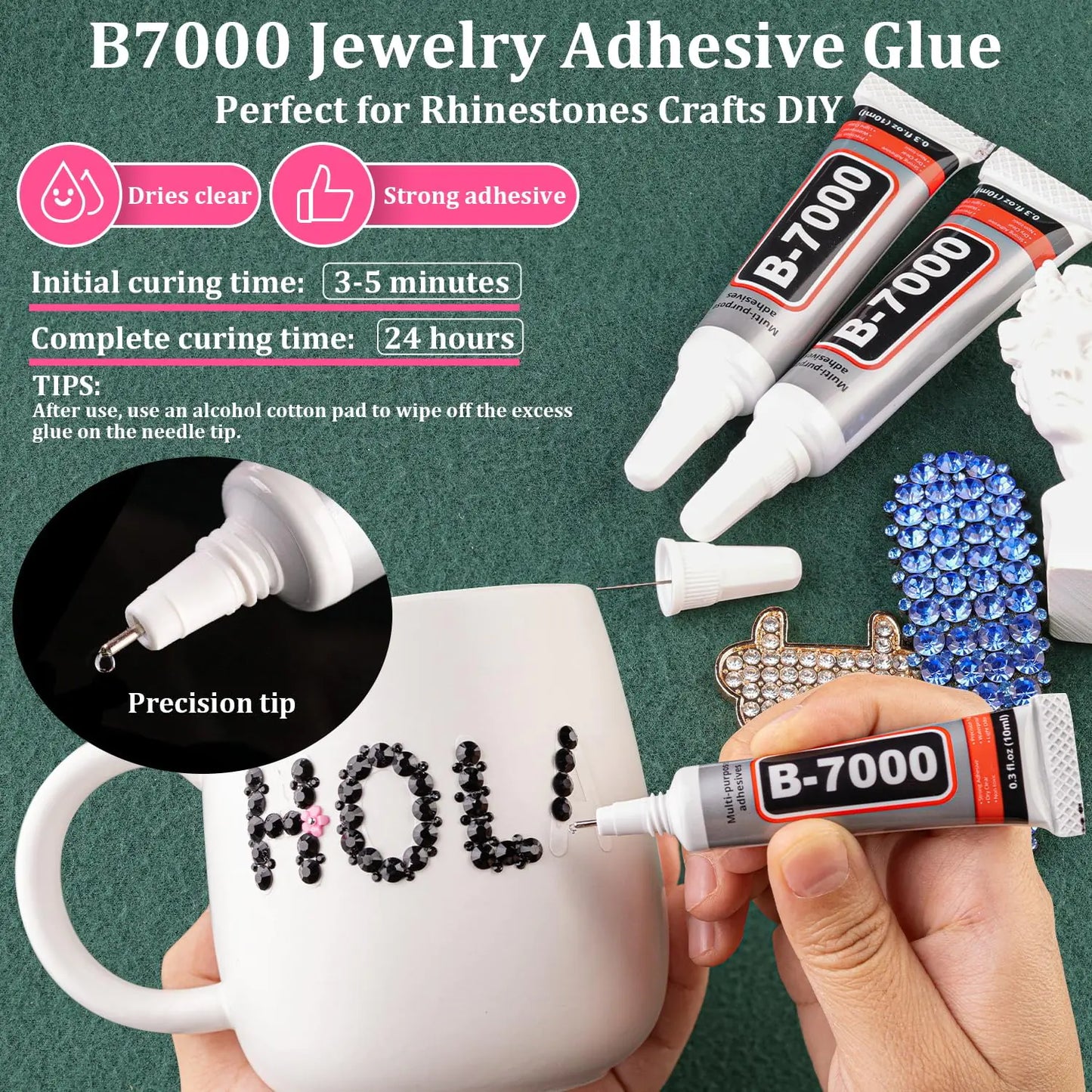 Harpiks Rhinestones for Crafting med B7000 smykkelim, 2 bokser svarte flatryggkrystaller med 3 stk 10 ml lim for forbløffende håndverk DIY Nail Art Makeup，Ikke hotfix edelstener for klær Sko Liten mengde-2 Eske+lim 24 svart