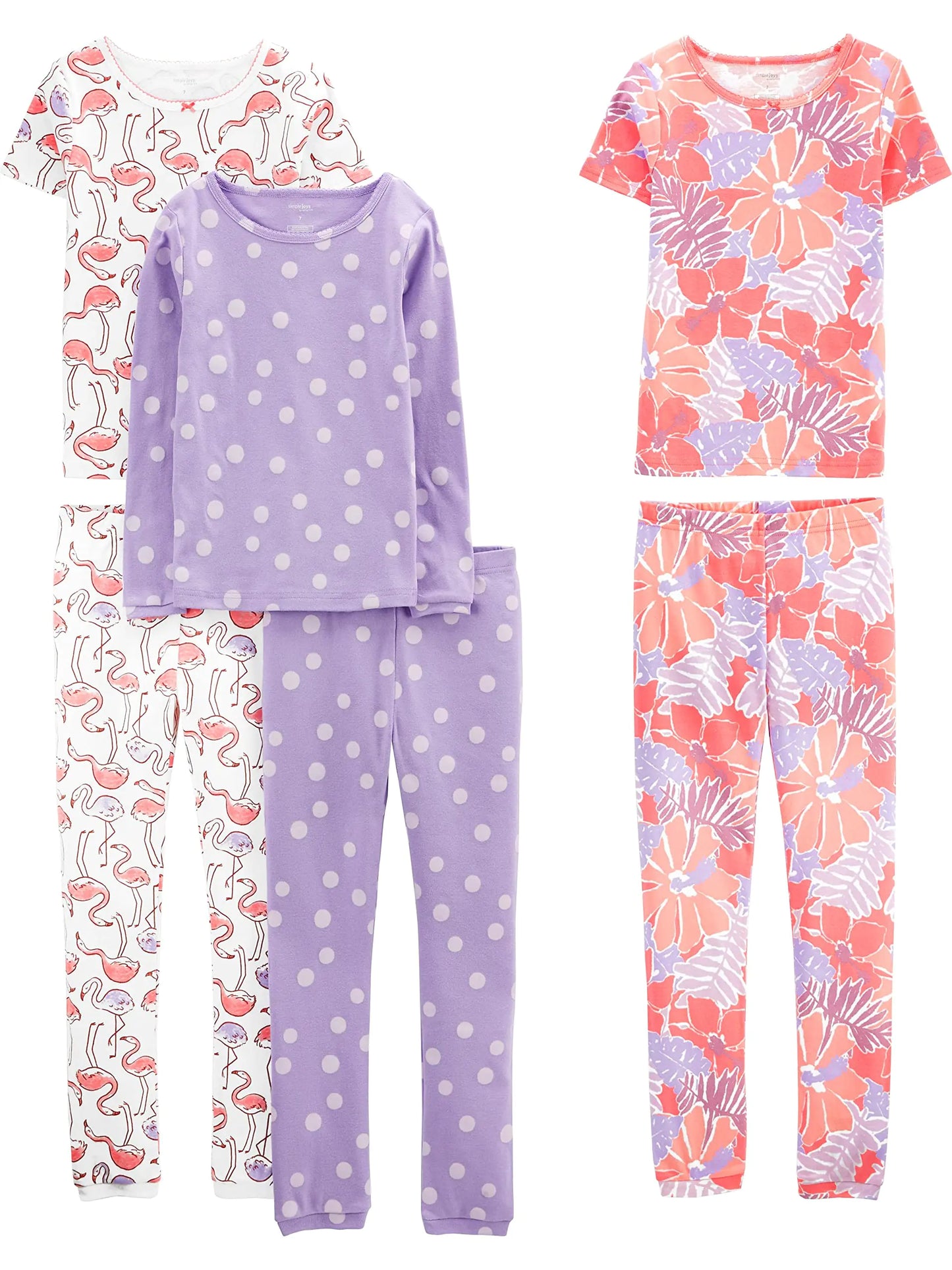 Conjunto de pijama de algodón de 6 piezas con ajuste ceñido para niñas Simple Joys by Carter's, 12 meses, lunares lilas, flamencos blancos y flores