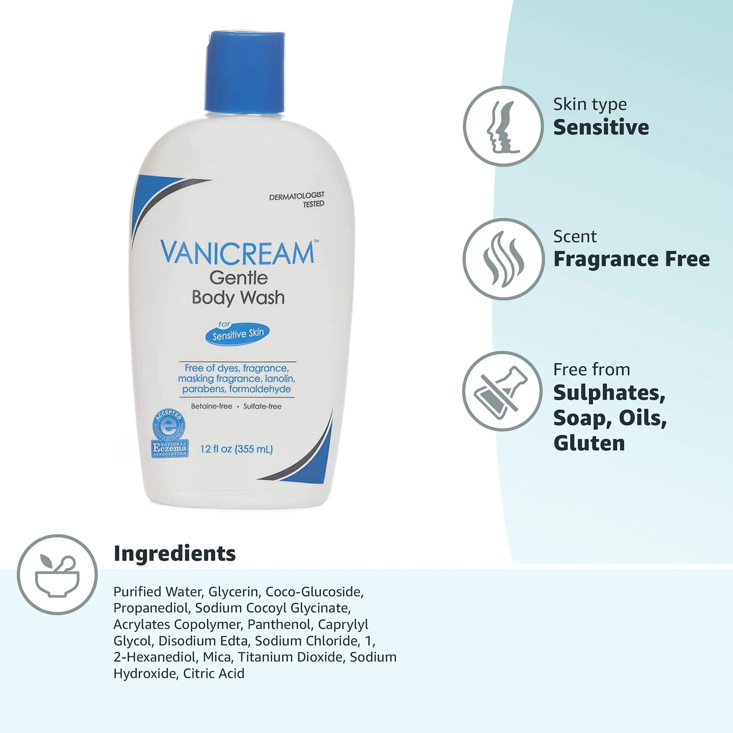 Vanicream Gentle Body Wash -12 fl oz - Formulated Without Common Irritants for Those with Sensitive Skin