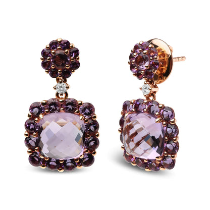 Pendientes colgantes de oro rosa de 18 quilates con detalles de diamantes y halo de amatista rosa y morada (color GH, claridad SI1-SI2)