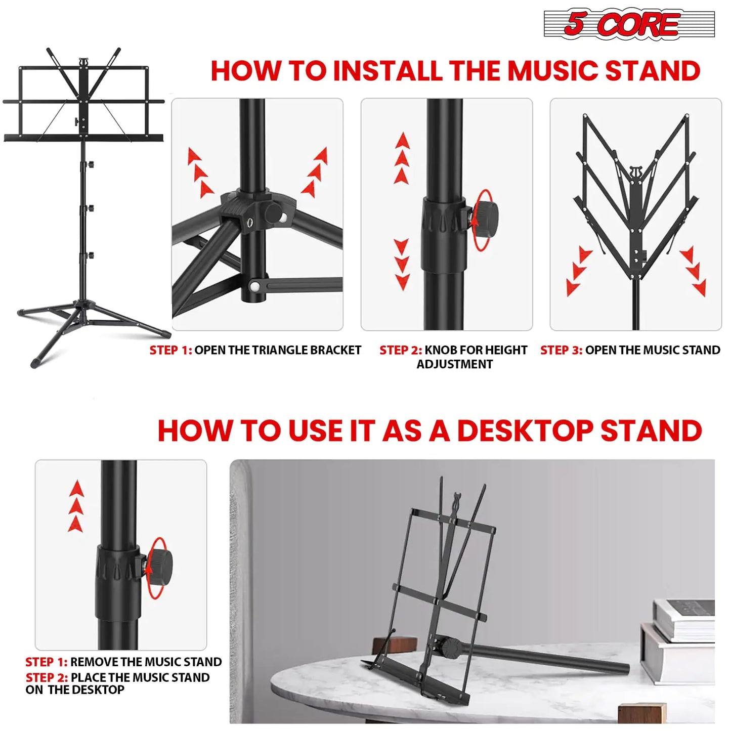 Soporte de Música 5Core Para Partituras Portátil Tripé Ajustável Dobrável com Luz Soporte para Notas PRETO