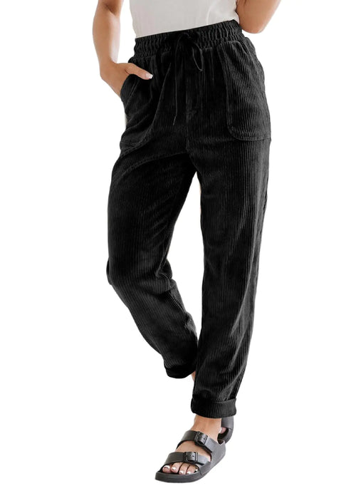 Pantalones de pana EVALESS para mujer, informales, con cordón elástico, cintura alta, rectos, holgados, cómodos y con bolsillos, talla pequeña, color negro.