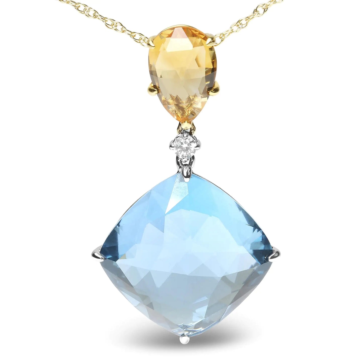 18K White and Yellow Gold Diamond Accent and Pear Cut Lemon Quartz and Cushion Cut London Blue Topaz Gemstone Dangle Drop 18" Pendant Necklace (G-H Color, SI1-SI2 Clarity)