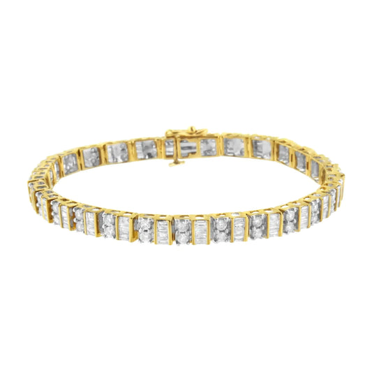 10K Yellow Gold 4.0 Cttw Alternating Baguette & Round Cut Diamond Bezel- & Prong-Set 7" Tennis Bracelet (G-H Color, SI1-SI2 Clarity)