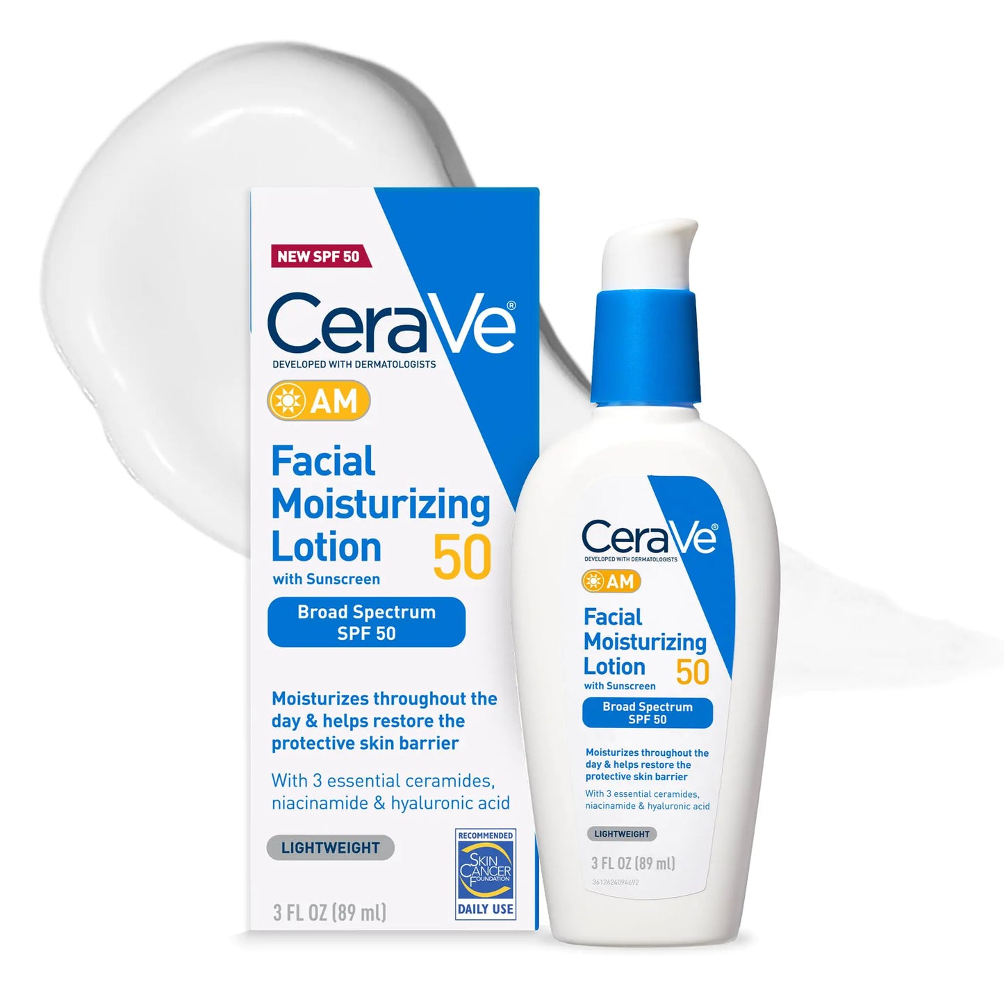 CeraVe AM Facial Moisturizing Lotion SPF 50 | Ansiktsfuktighetskrem med SPF, hyaluronsyre, niacinamid og ceramider | Ikke-fettete | Blander seg sømløst uten hvit støpning | Ikke-komedogen solkrem | 3 Oz 