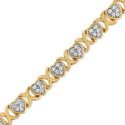 Pulsera de plata de ley 925 bañada en oro amarillo de 14 quilates con corazón de diamantes y eslabones en forma de X de 1,00 quilates (color IJ, claridad I3) - 7,25 pulgadas