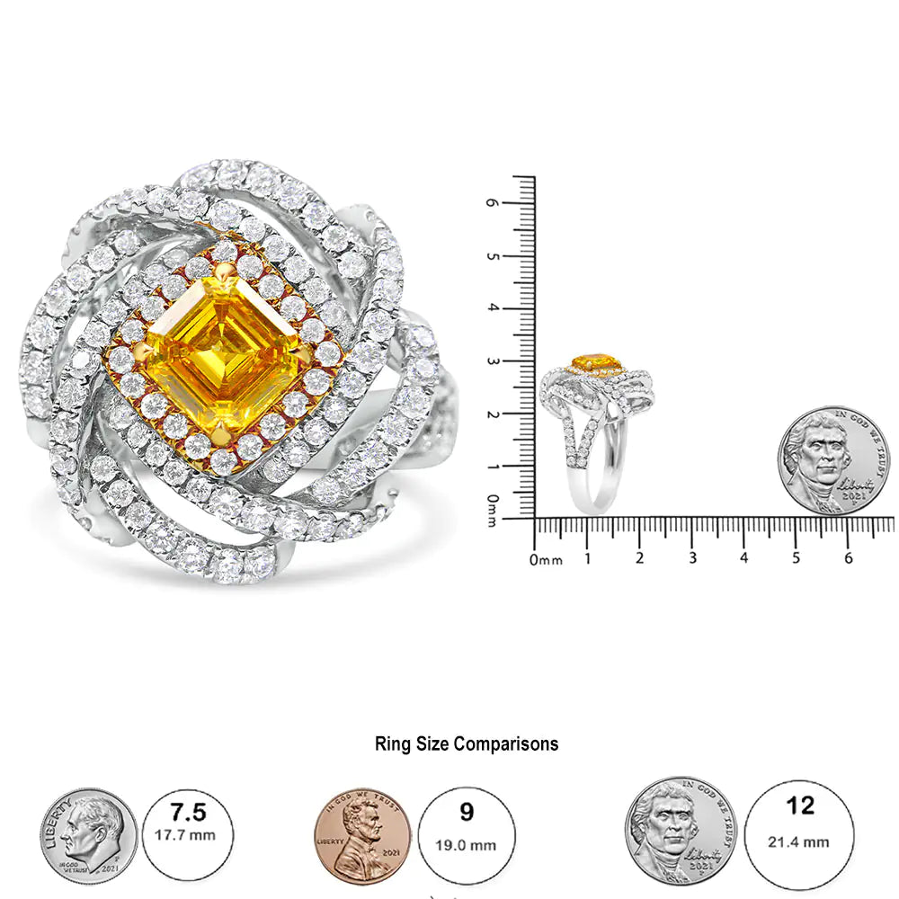 18K White and Yellow Gold 2 1/2 Cttw Yellow Asscher Lab Grown Center Diamond Cluster Swirl Ring (Yellow/G-H Color, VS1-VS2 Clarity)