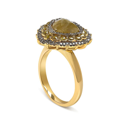 Anillo de cóctel de oro amarillo de 14 quilates con halo de diamantes blancos y talla rosa amarilla de 3,00 quilates (color amarillo/IJ, claridad I1-I2) - Talla 7