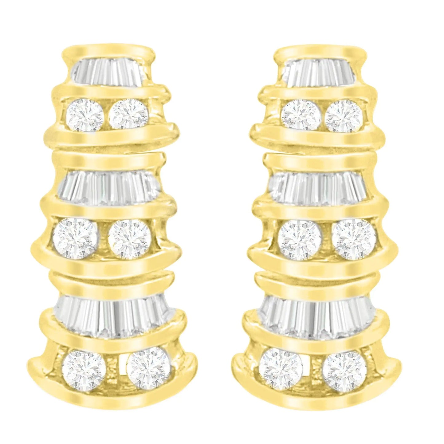 Aretes de oro amarillo de 14 quilates con diamantes redondos y talla baguette (7/8 cts, color HI, claridad SI2-I1)