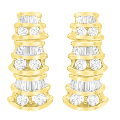 Aretes de oro amarillo de 14 quilates con diamantes redondos y talla baguette (7/8 cts, color HI, claridad SI2-I1)