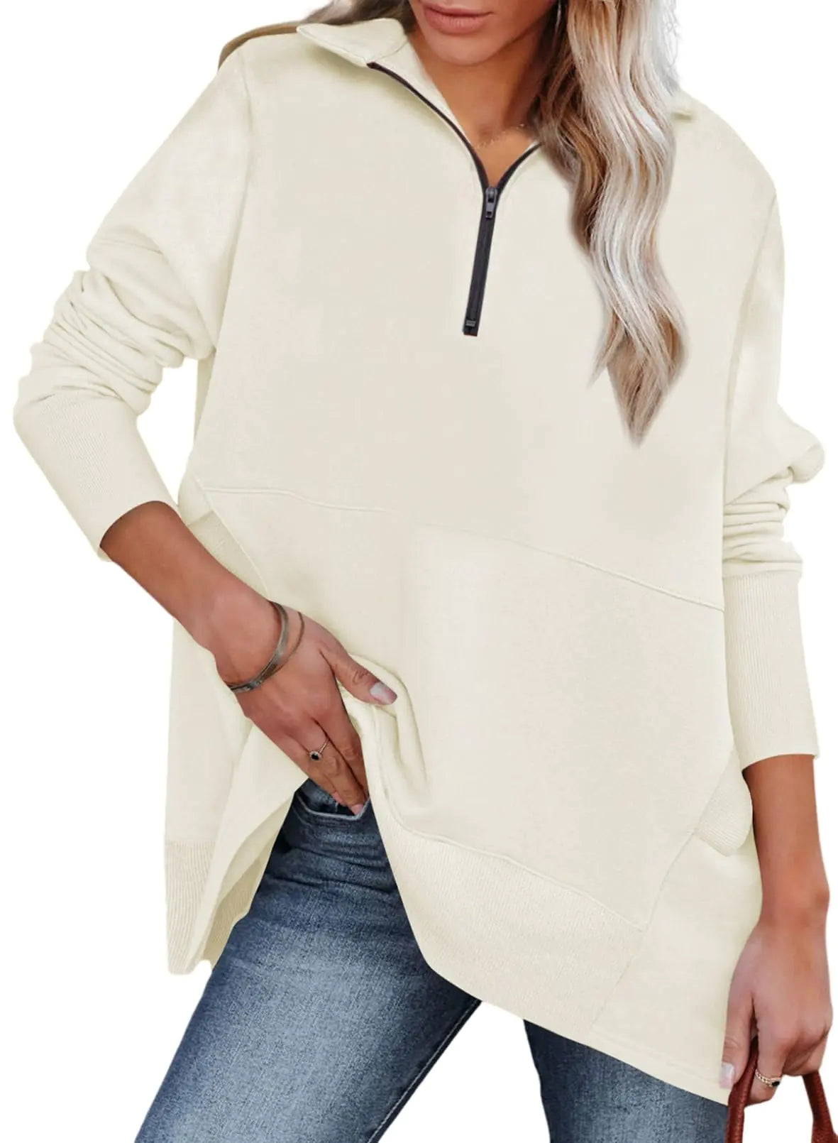 Dokotoo Dame Casual Oversized Half Zip Sweaters Langermet Ensfarget Pullover Jakker med lommer Medium Beige