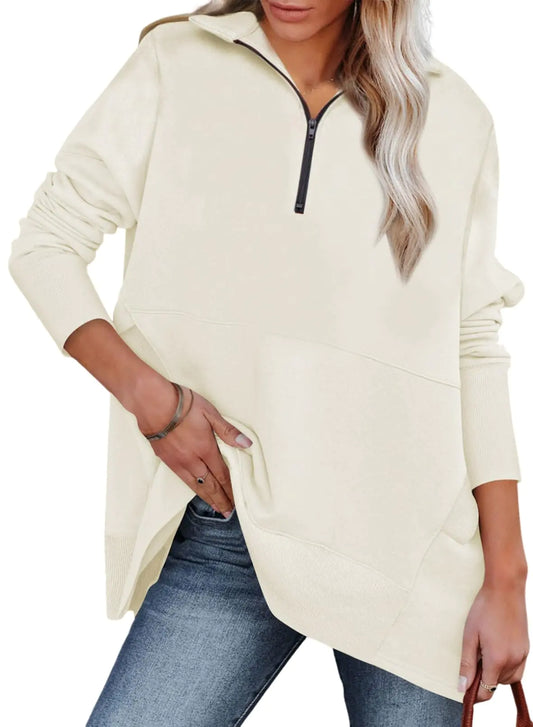 Dokotoo Dame Casual Oversized Half Zip Sweaters Langermet Ensfarget Pullover Jakker med lommer Medium Beige