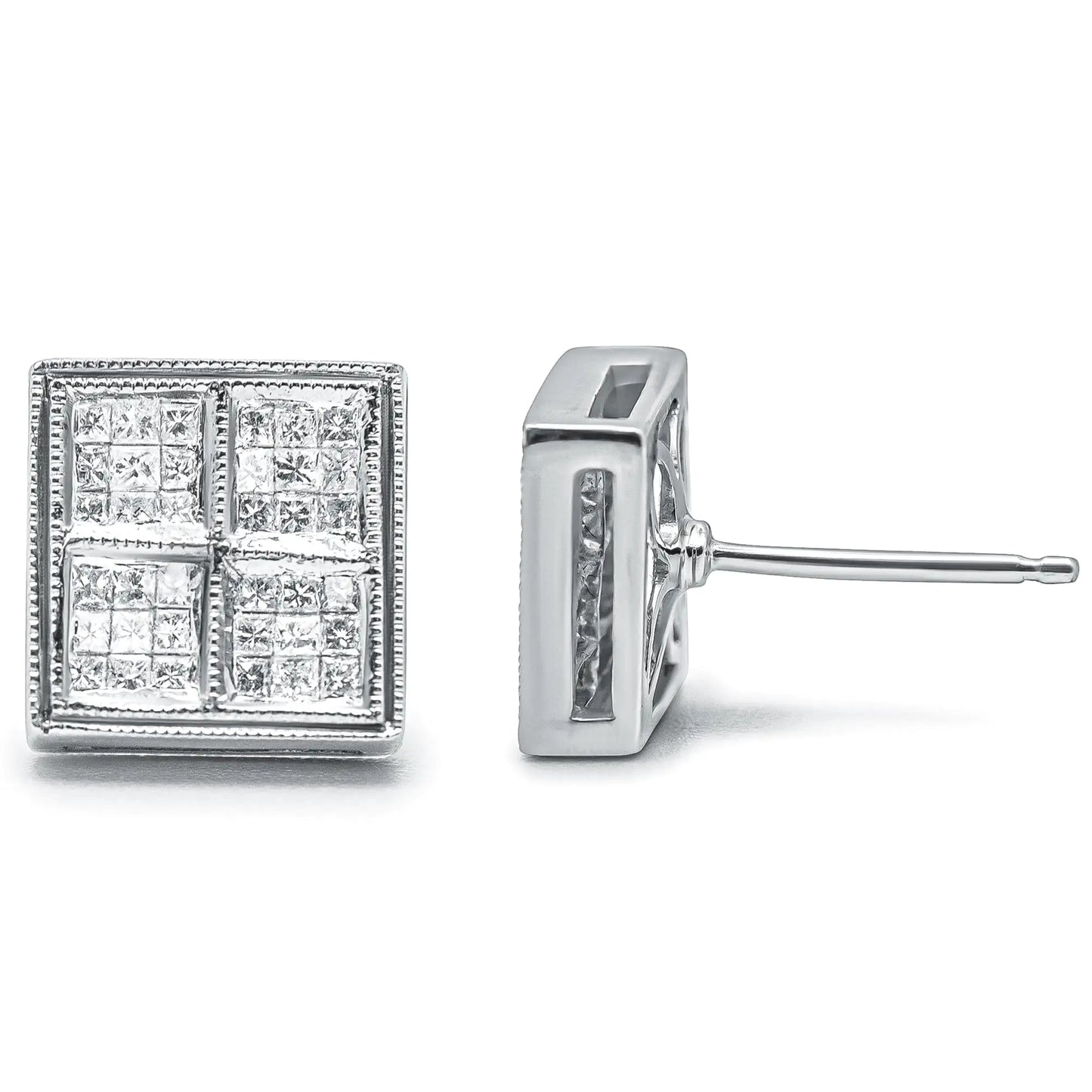 14K White Gold 1/2 Cttw Princess Diamond Composite Box Shape Milgrain Stud Earrings (H-I Color, SI1-SI2 Clarity)