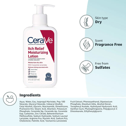 CeraVe Anti Itch Moisturizing Lotion with Pramoxine Hydrochloride | Relieves Itch with Minor Skin Irritations, Sunburn Relief, Bug Bites | 8 Ounce 8 Fl Oz (Pack of 1)