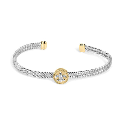 18K Yellow Gold Plated .925 Sterling Silver Diamond Accent  and Fleur Di Lis Medallion Bangle Bracelet (I-J Color, SI1-SI2 Clarity) - 7.25 Inches