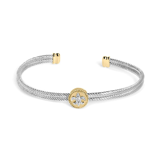 Brazalete de plata de ley 925 bañado en oro amarillo de 18 quilates con detalle de diamantes y medallón de flor de lis (color IJ, claridad SI1-SI2) - 7,25 pulgadas