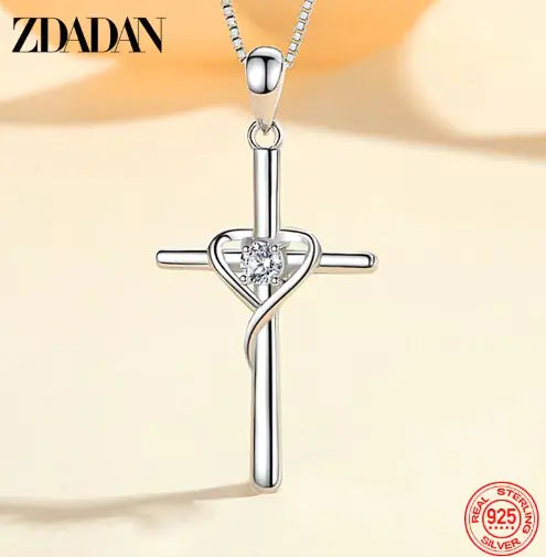 ZDADAN 925 Silver Blue Zircon Cross Pendant Necklace for Women