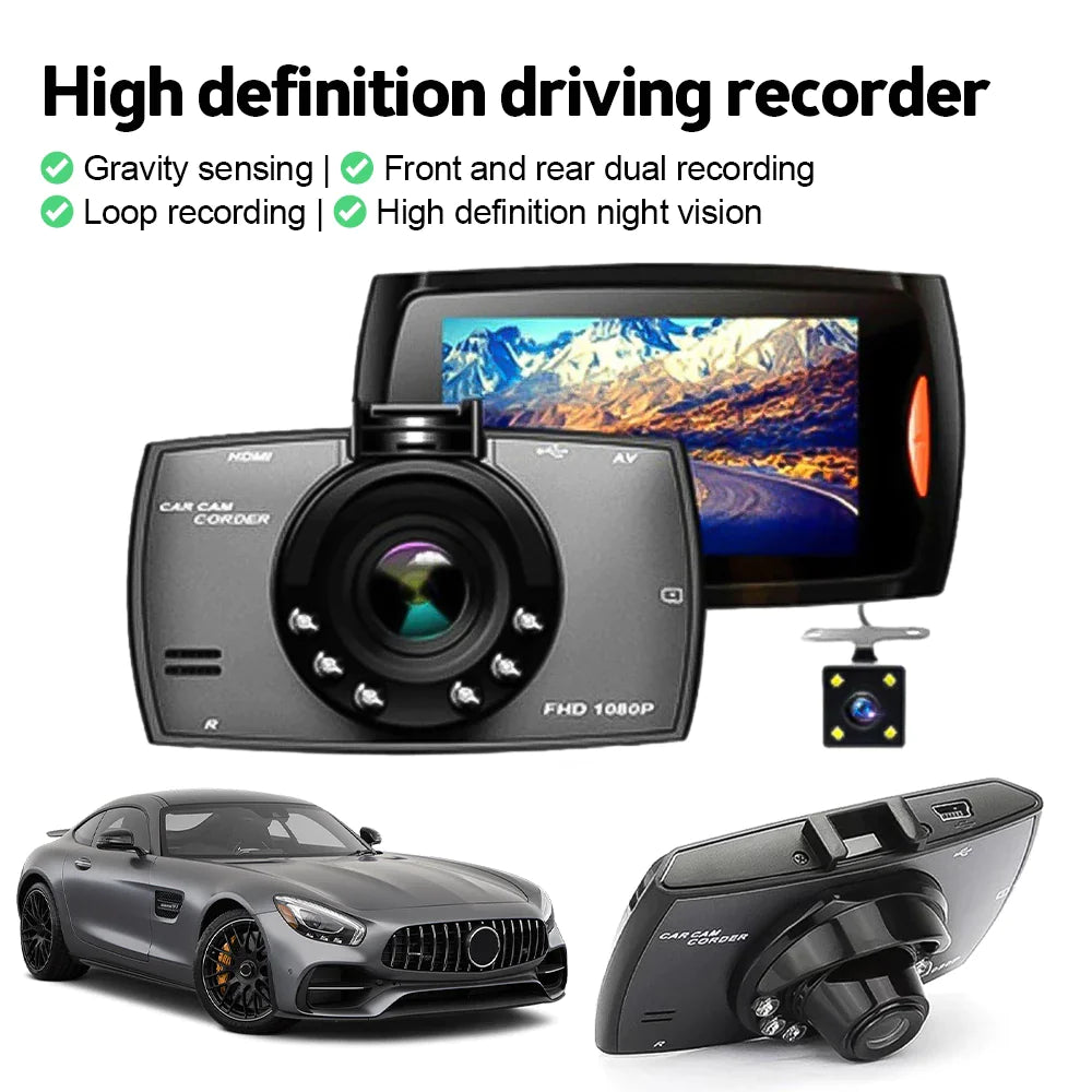 Cámara de salpicadero para coche DVR Full HD 1080P de 2,7'' con cámara frontal y trasera, visión nocturna, sensor G