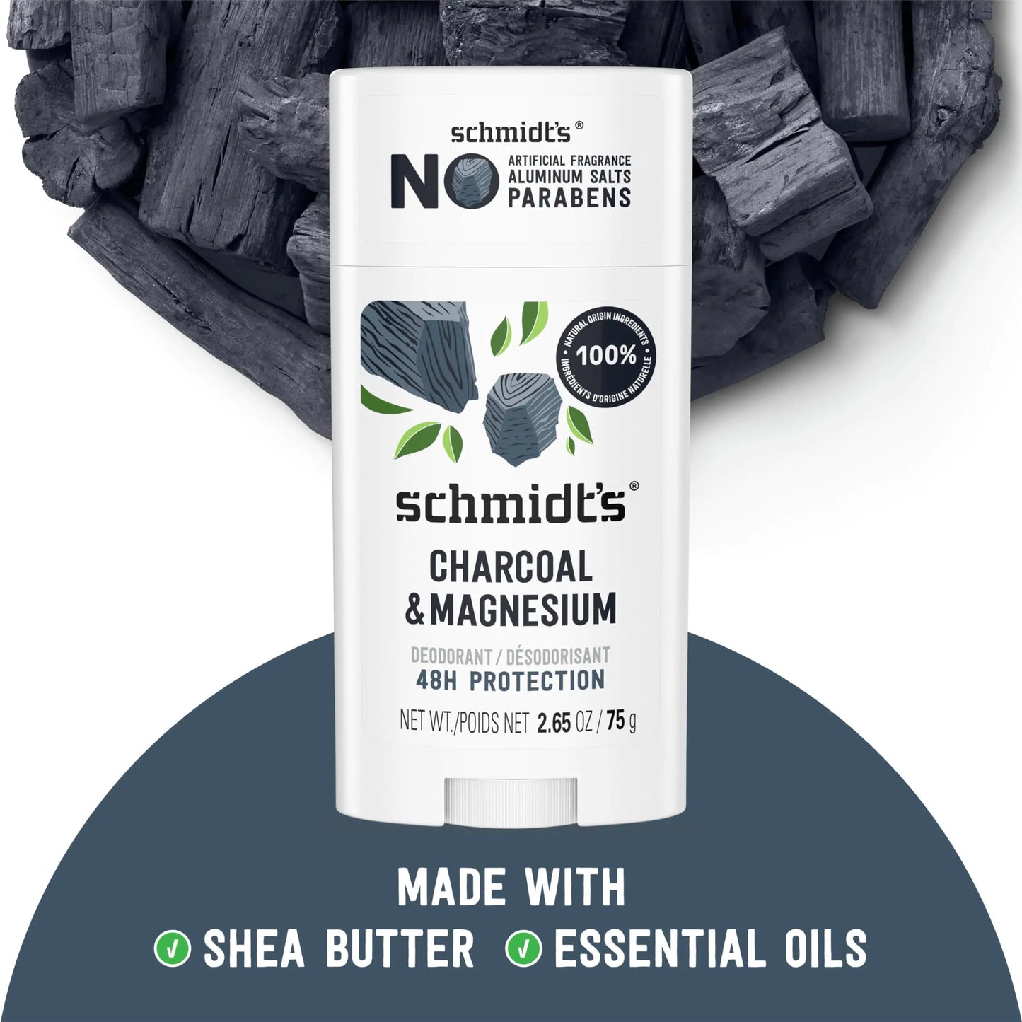 Desodorante vegano Schmidt's sin aluminio, con carbón y magnesio, 24 horas de protección contra el mal olor, 4 unidades para mujeres y hombres, ingredientes naturales, sin crueldad animal, 77 g