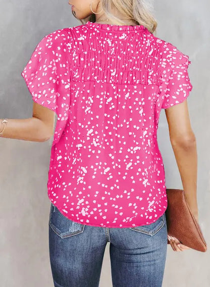 Dokotoo Women's Casual V Neck Alicia Floral Print Smocked Short Sleeve Chiffon Blouses Bohemian Top Shirts X-Large Pink