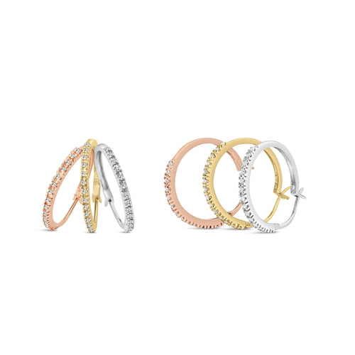 14K Tri-Toned Gold 1/3 Cttw Diamond Triple Hoop Earrings (I-J Color, I2-I3 Clarity) - 22 MM