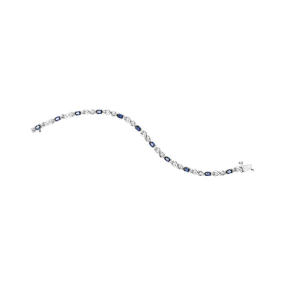 10K White Gold 5x4mm Oval Sapphire Gemstone and 1/10 Cttw Diamond Prong Set "X" Link Bracelet - Size 7" (H-I Color, SI1-SI2 Clarity)