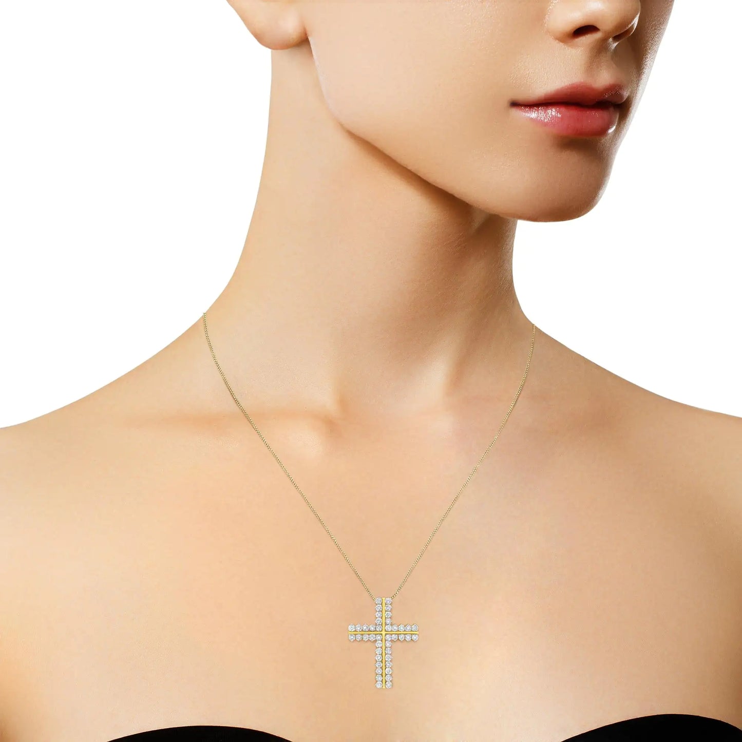 10K Yellow Gold 4.0 Cttw Diamond Two Row Cross 18" Pendant Necklace (J-K Clarity, I1-I2 Color)