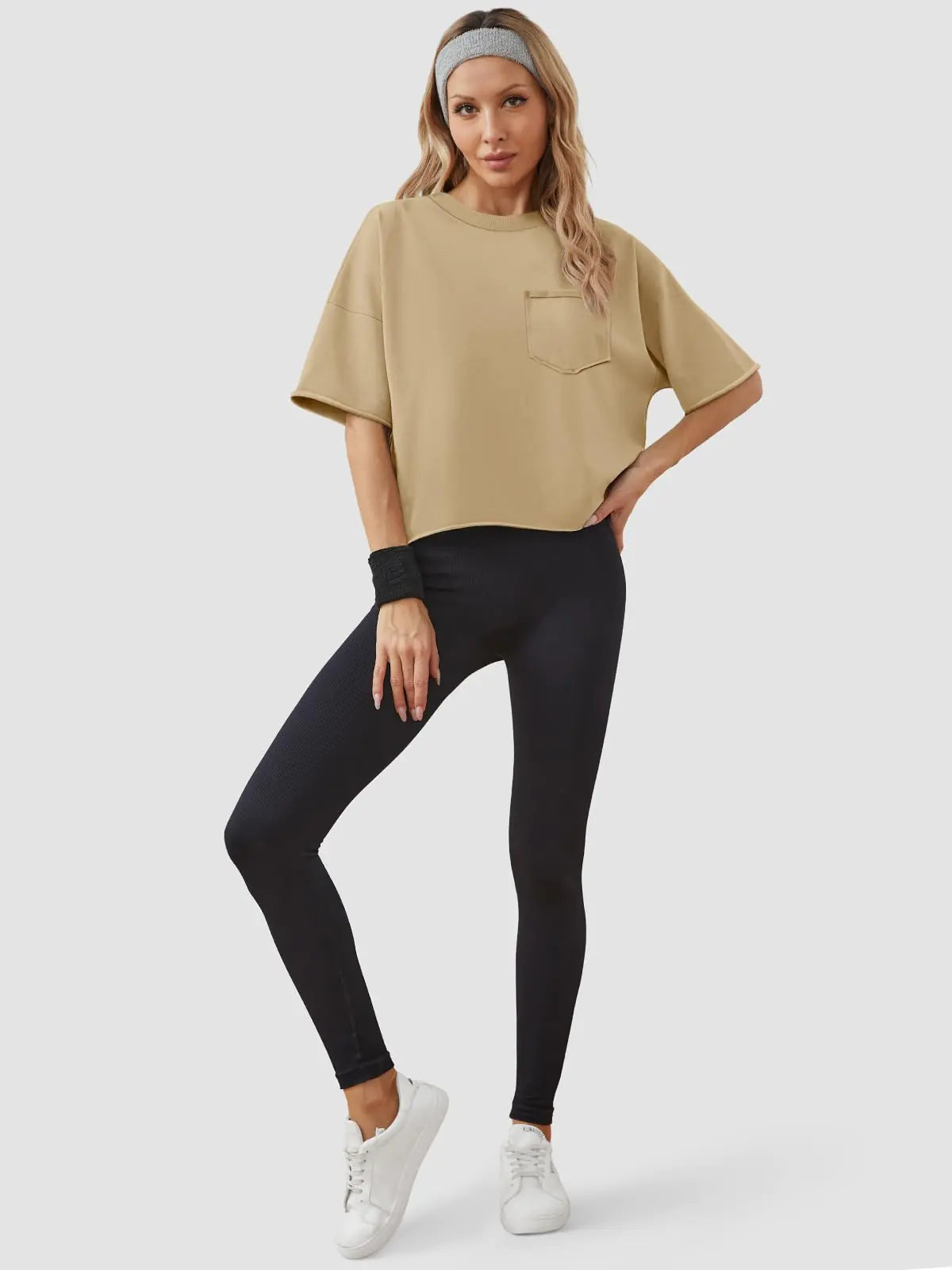 ATHMILE Womens Oversized T-Shirts Short Sleeve Workout Crop Tops Casual Drop Shoulder Boxy Roll Hem Basic Loose Tees Medium Lightkhaki