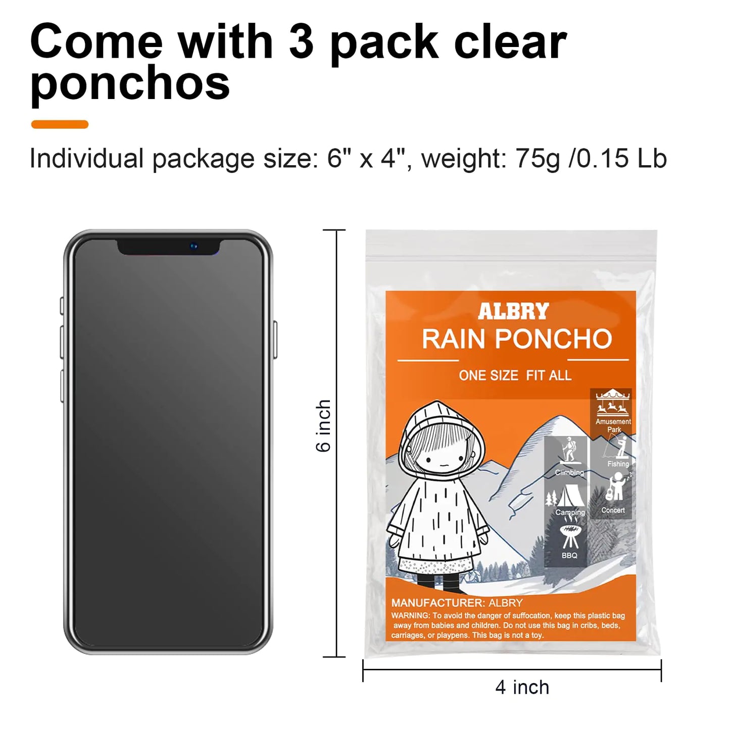 Ponchos de lluvia desechables ALBRY para adultos con capucha con cordón - Ponchos de lluvia de emergencia, paquete familiar para mujeres y hombres, transparentes, talla única, paquete de 3