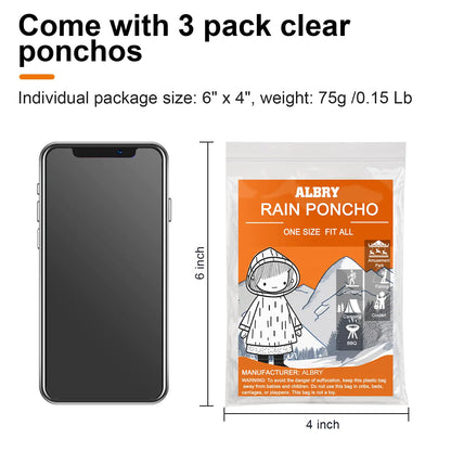 Ponchos de lluvia desechables ALBRY para adultos con capucha con cordón - Ponchos de lluvia de emergencia, paquete familiar para mujeres y hombres, transparentes, talla única, paquete de 3