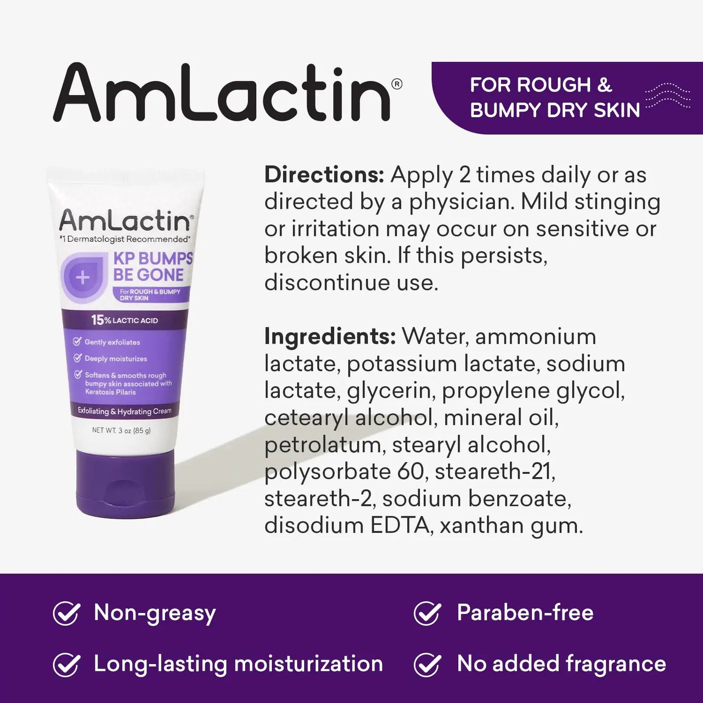 AmLactin KP Bumps Be Gone - 3 oz Keratosis Pilaris Moisturizing Cream with 15% Lactic Acid - Exfoliator and Moisturizer for Dry, Rough and Bumpy Skin, Pack of 2 (Packaging May Vary) 3 Ounce (Pack of 2)