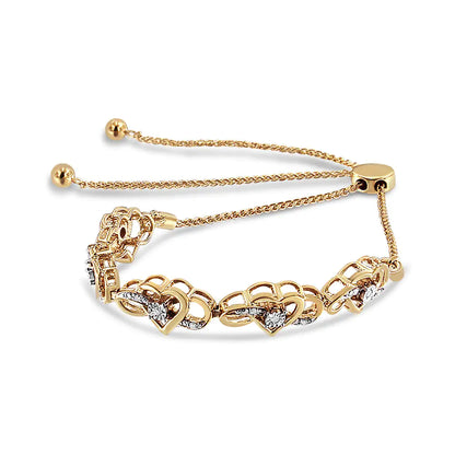 Pulsera bolo ajustable de plata de ley 925 bañada en oro amarillo de 14 quilates con diamantes de 1/10 quilates y forma de corazón infinito de 4" a 10" (color HI, claridad I2-I3)