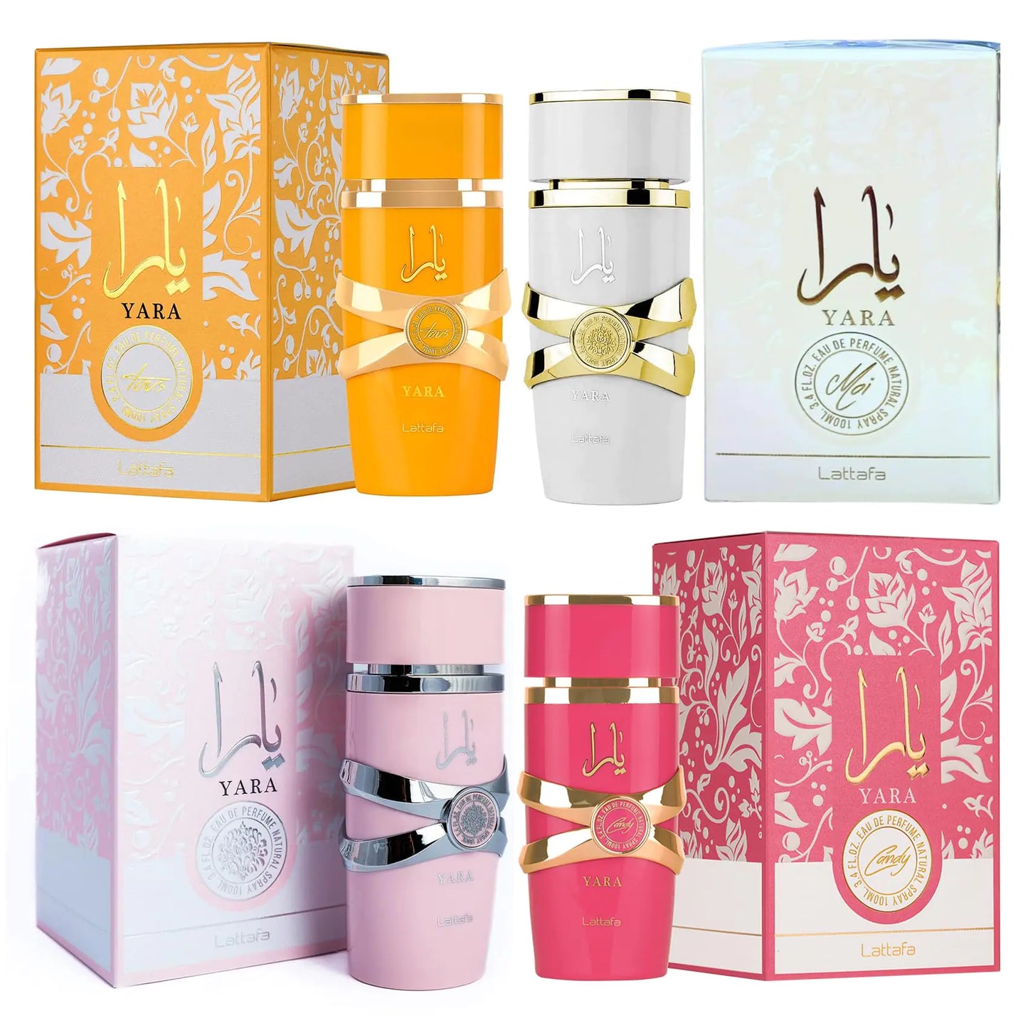 Lattafa - Set de 4 perfumes en spray para mujer (100 ml Yara + 100 ml Yara Moi + 100 ml Yara Tous + 100 ml Yara Candy) Set Yara de 100 ml (paquete de 4)