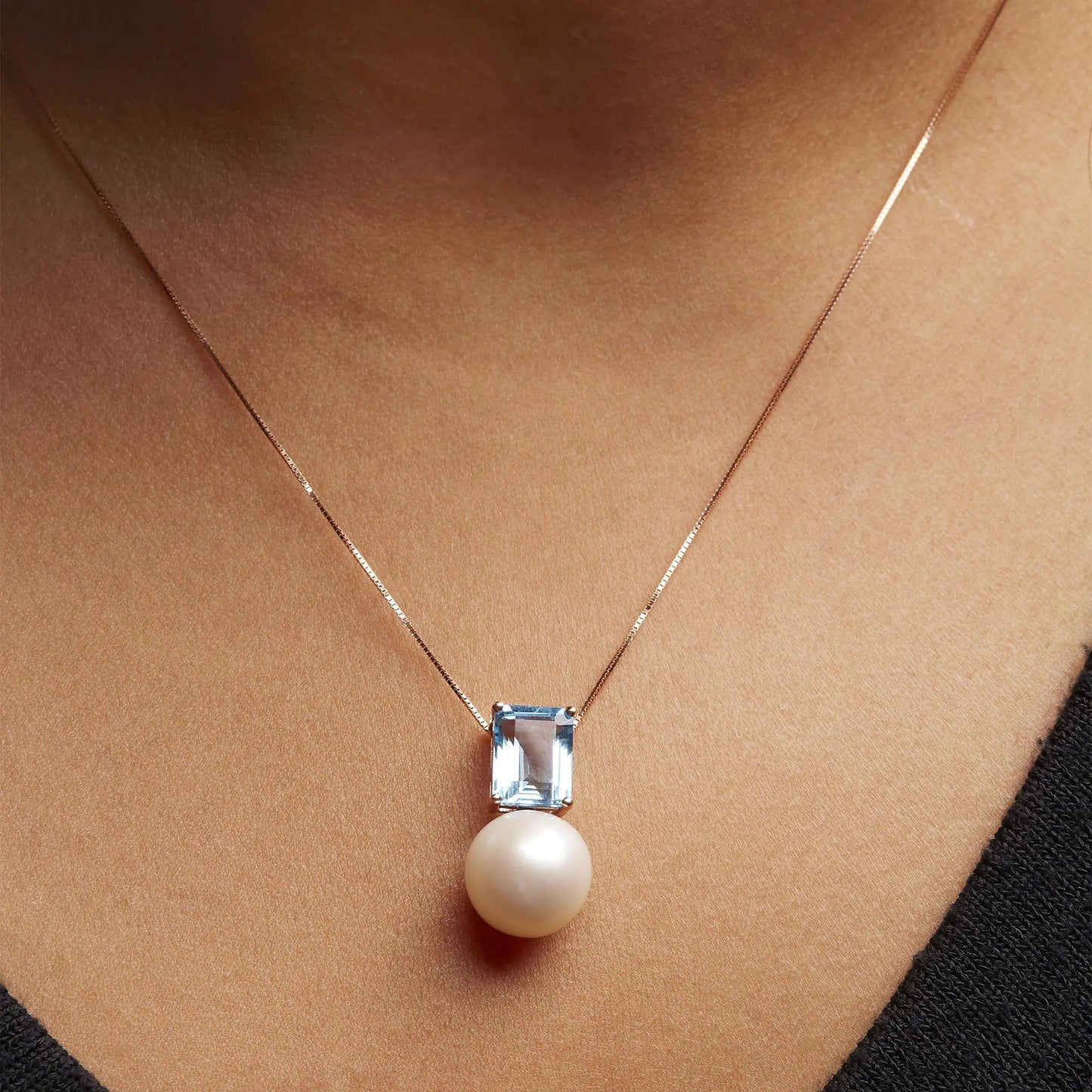 14K Rose Gold 11MM Cultured Freshwater Pearl and 9x7mm Octagon Swiss Blue Topaz Pendant Necklace - 18" Inches