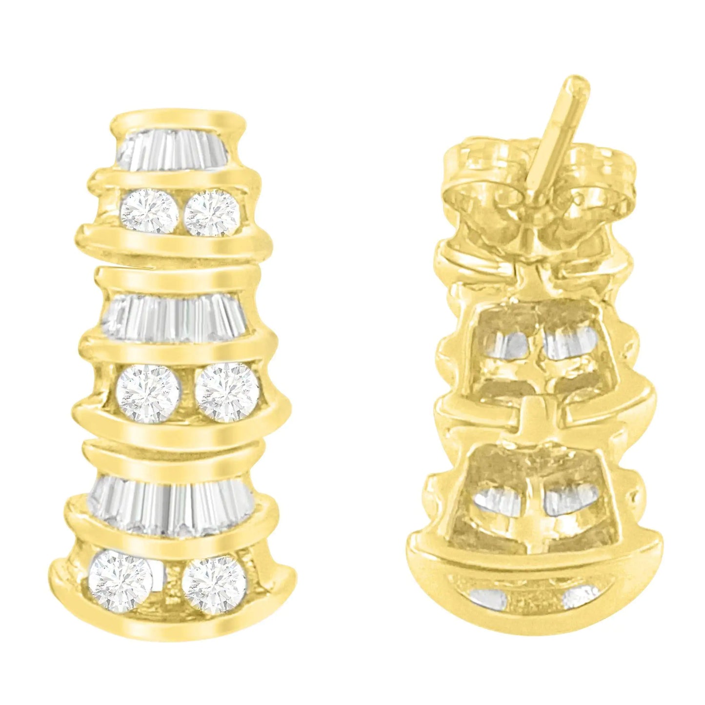 Aretes de oro amarillo de 14 quilates con diamantes redondos y talla baguette (7/8 cts, color HI, claridad SI2-I1)