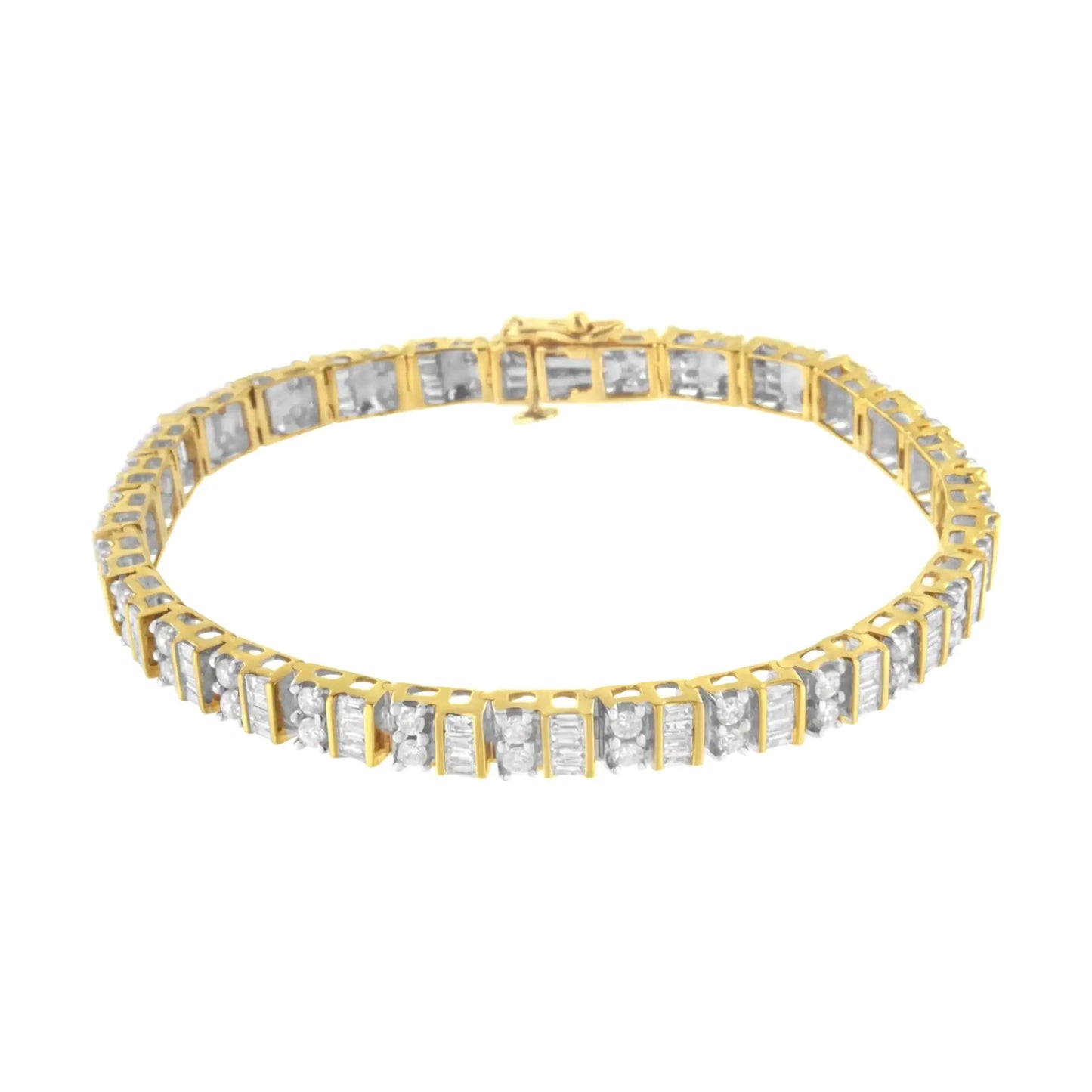 10K Yellow Gold 4.0 Cttw Alternating Baguette & Round Cut Diamond Bezel- & Prong-Set 7" Tennis Bracelet (G-H Color, SI1-SI2 Clarity)